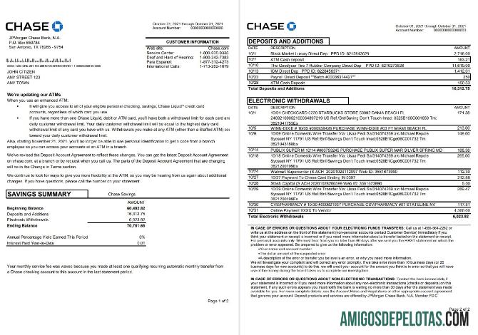 Modelo de extrato bancário JP Morgan Chase dos EUA para download em formato de arquivo .xls e .pdf, 2 páginas